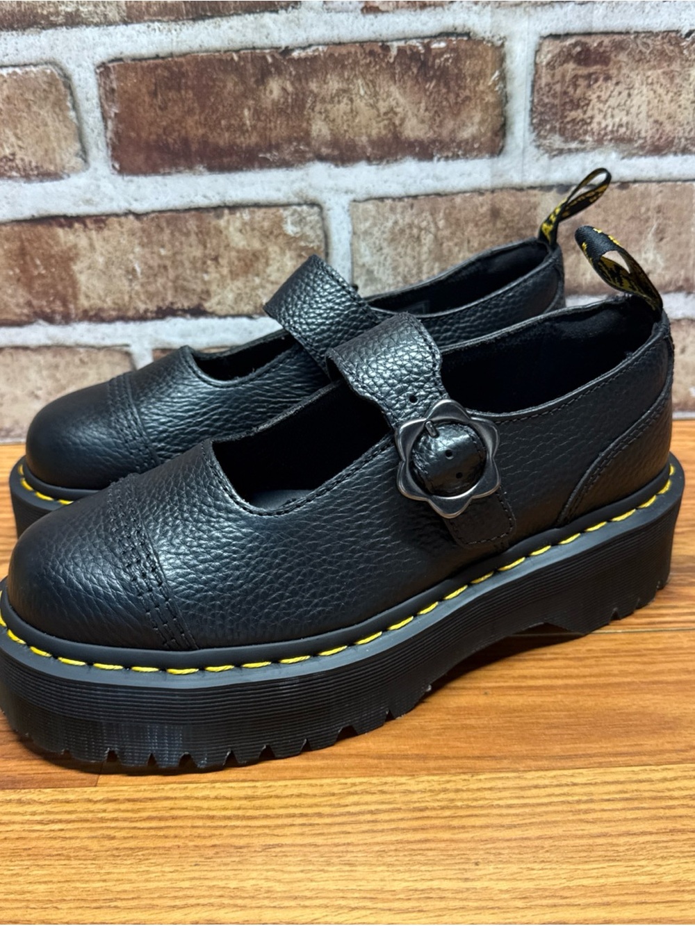 Dr. Martens Addina Flower Black Leather Platform Mary Jane Shoes Size 7